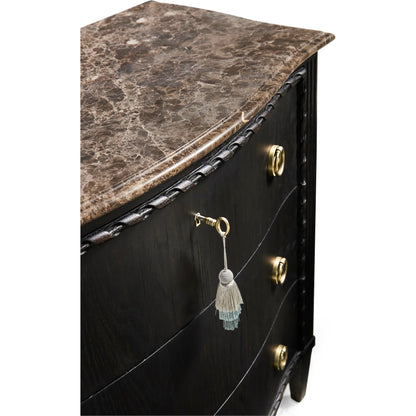 Tangiers Drawer Chest by Jonathan Charles in brown, black and ebonized oak. Made from oak solids, flat-cut oak veneers, stone, brass in a traditional style.