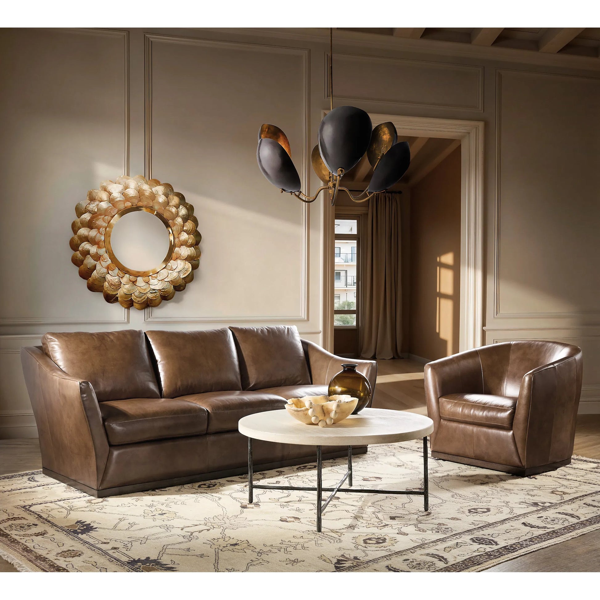 Fairfax Stationary Sofa by Hooker Furniture in dark wood. Made from leather in a traditional style.