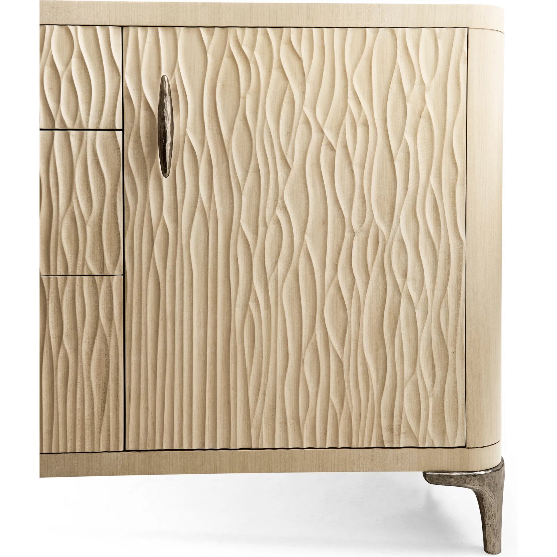 Water Breaker Mixed Media Credenza by Jonathan Charles in beige and ash blonde. Made from dyed koto veneer, bone, leather, metal in a transitional style.