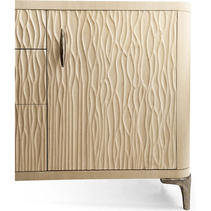 Water Breaker Mixed Media Credenza by Jonathan Charles in beige and ash blonde. Made from dyed koto veneer, bone, leather, metal in a transitional style.