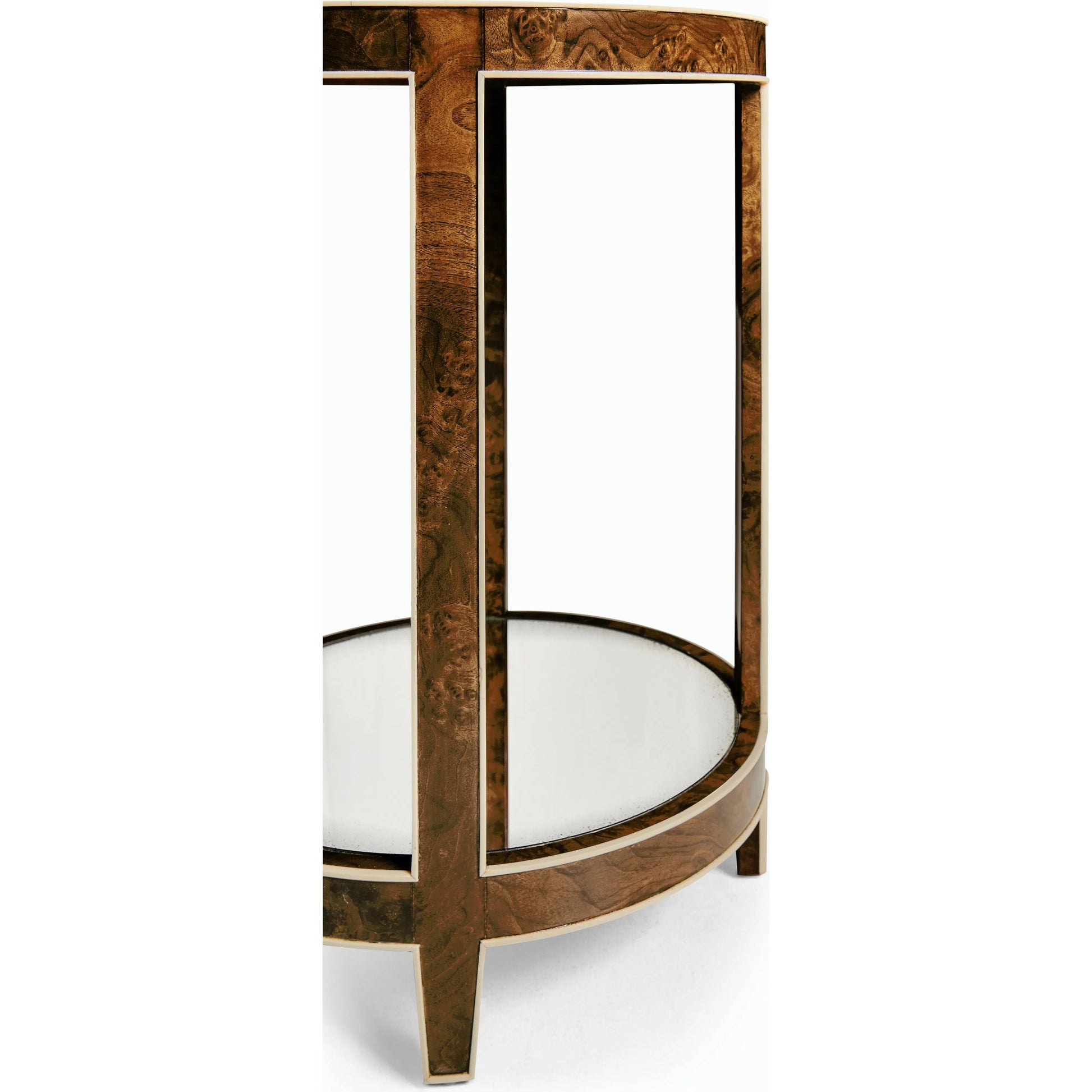 Jacques Round End Table by Jonathan Charles in brown and medium brown mahogany. Made from mahogany veneers, faux bone, glass in a modern style.