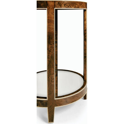 Jacques Round End Table by Jonathan Charles in brown and medium brown mahogany. Made from mahogany veneers, faux bone, glass in a modern style.