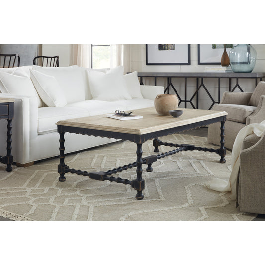 Ciao Bella Cocktail Table by Hooker Furniture in black, flaky white. Made from maple veneers, solid-wood edge top in a traditional style.