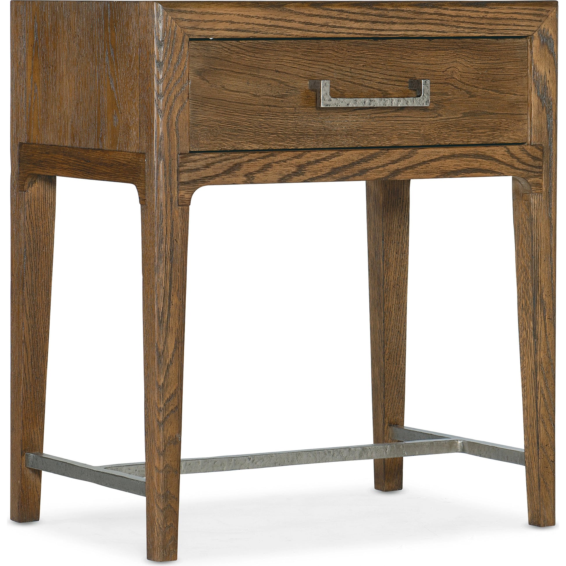 Chapman Leg Nightstand by Hooker Furniture in sorrel. Made from white oak veneers, metal in a transitional style.