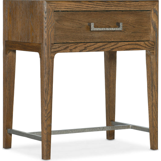 Chapman Leg Nightstand by Hooker Furniture in sorrel. Made from white oak veneers, metal in a transitional style.
