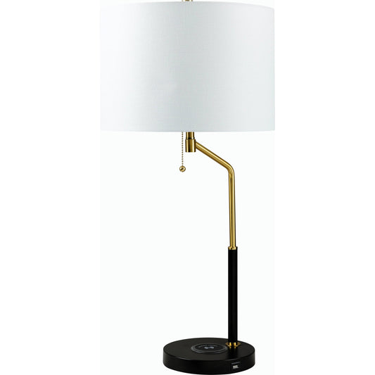 Uzes Accent Table Lamp - 532368 by Livabliss in body: black, base: black, shade: white, finial: metallic - brass, harp: metallic - brass, cord: translucent and paintedpaintedplated. Made from iron, linen, polystyrene in a mo
