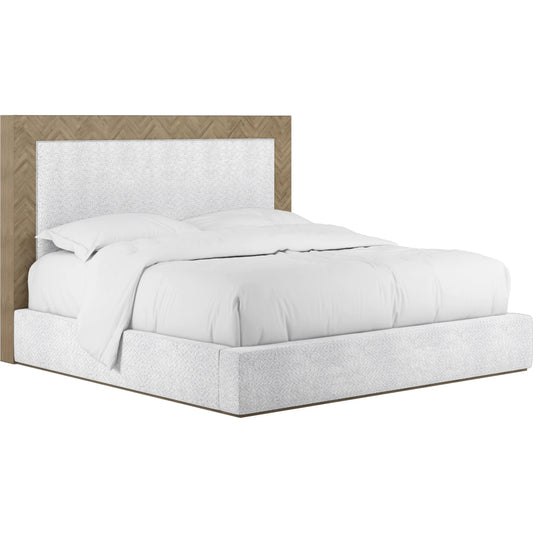 Garrison Upholstered Bed by A.R.T. Furniture in washed oak, catalina parchment. Made from parawood solids with ash embossing, white oak veneers, foam, fabric in a modern style.