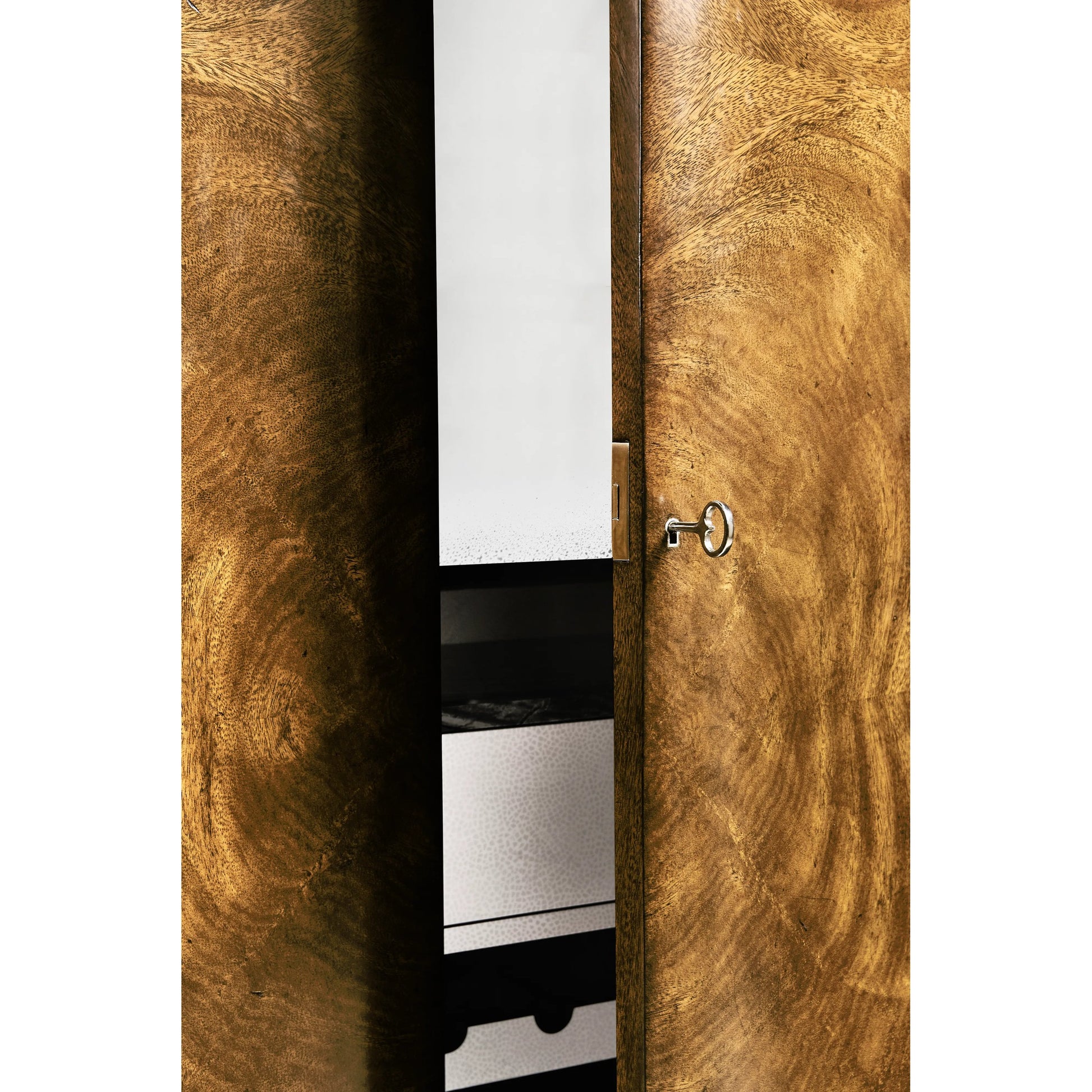 Jacques Bar Armoire by Jonathan Charles in brown and natural cerejeira. Made from crotch cerejeira veneers, flat cut mahogany veneers, mirror, stone, eggshell, brass in a modern style.