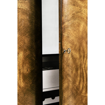 Jacques Bar Armoire by Jonathan Charles in brown and natural cerejeira. Made from crotch cerejeira veneers, flat cut mahogany veneers, mirror, stone, eggshell, brass in a modern style.