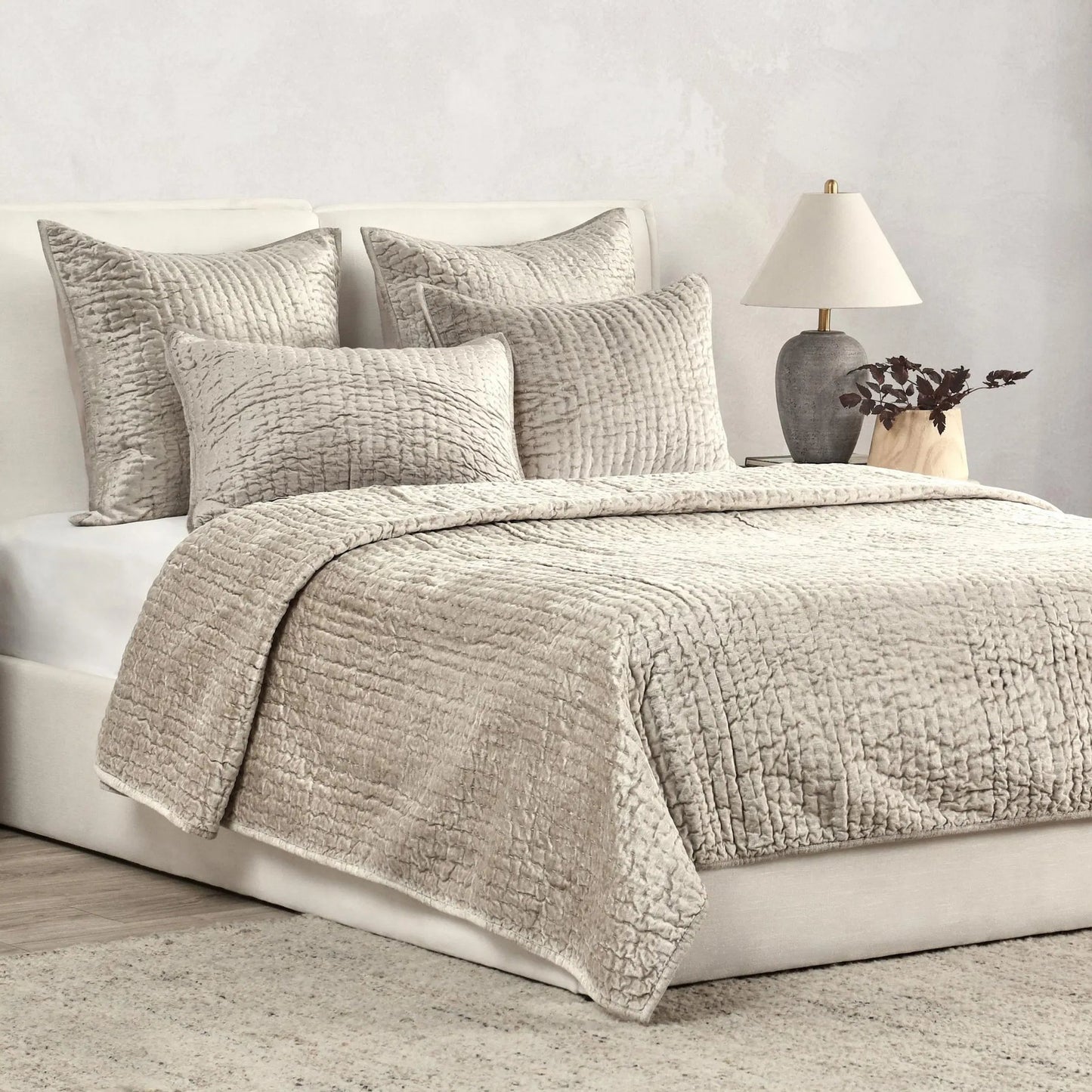 021 SI-2355314 | Lifestyle | Dimitry Velvet Fabric Quilt by Villa by Classic Home. Made from front: 100% rayon velvet, back: 100% solid cotton sateen back in a modern style.
