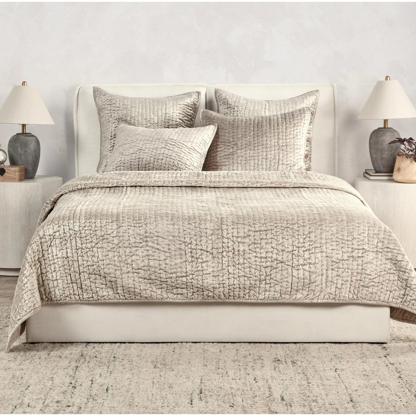 022 SI-2355314 | Lifestyle | Dimitry Velvet Fabric Quilt by Villa by Classic Home. Made from front: 100% rayon velvet, back: 100% solid cotton sateen back in a modern style.