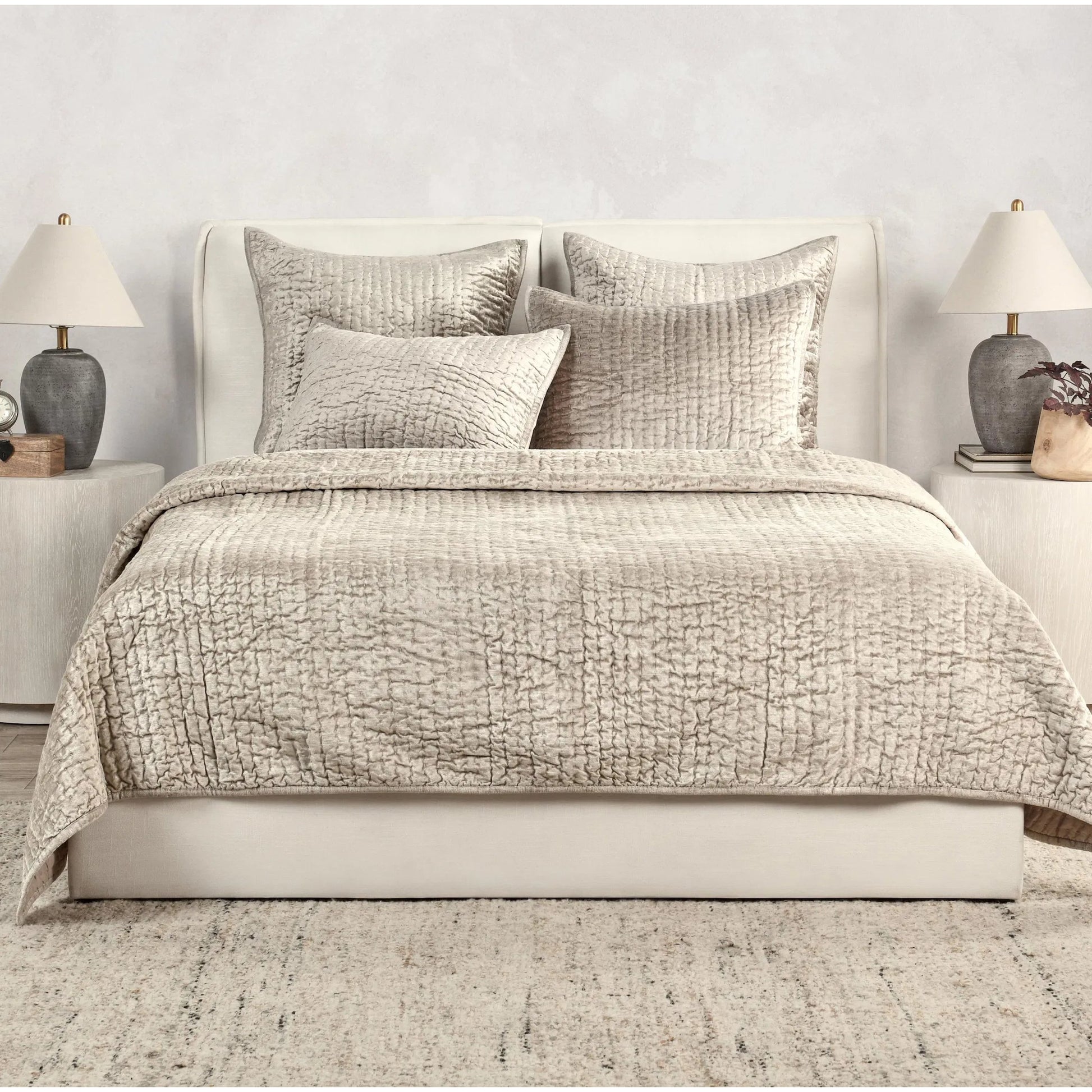 Dimitry Velvet Fabric Quilt by Villa by Classic Home. Made from front: 100% rayon velvet, back: 100% solid cotton sateen back in a modern style.