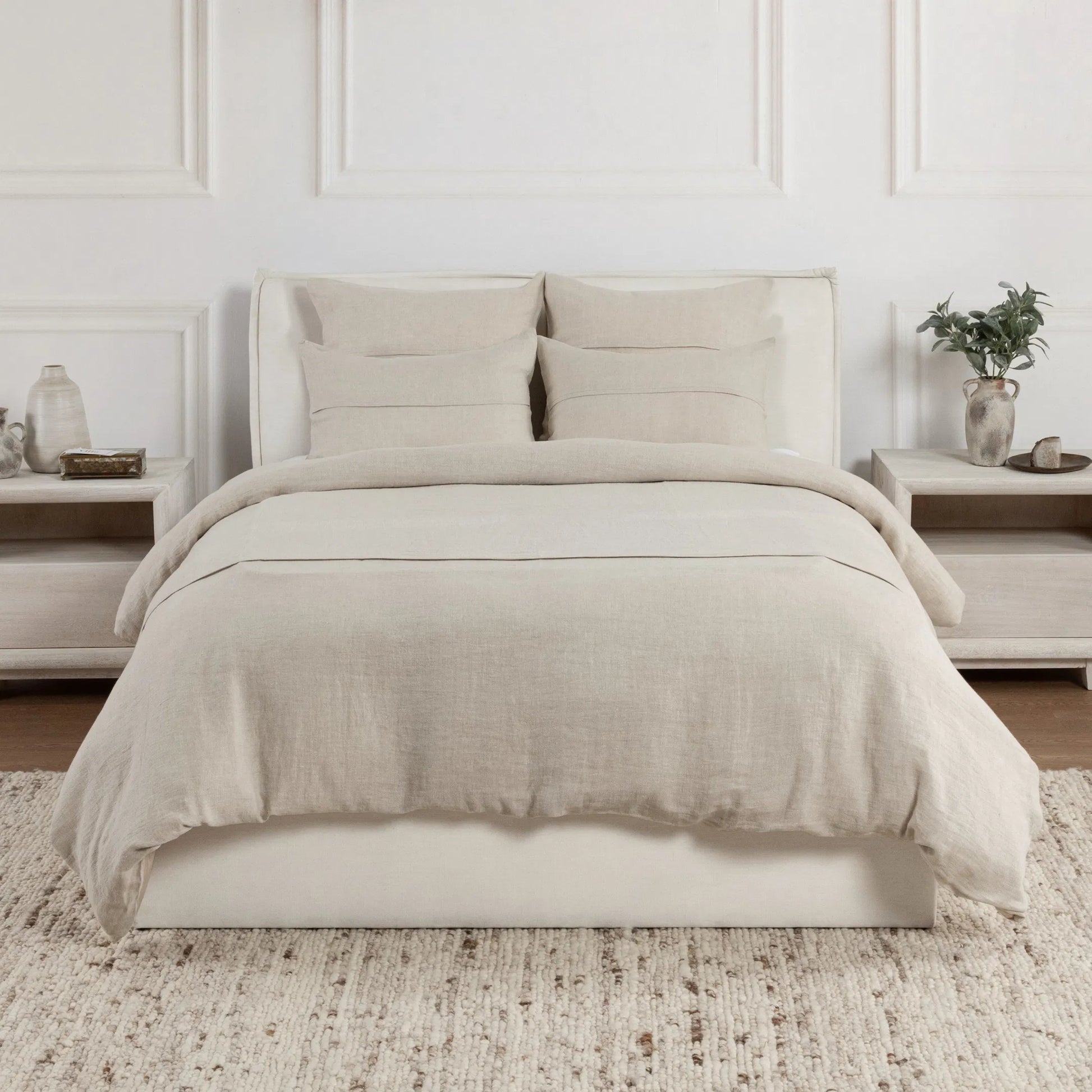 Beaumont 100% Linen Duvet by Villa by Classic Home. Made from 100% belgian flax linen 100% solid cotton back with hidden button closure in a unique style.