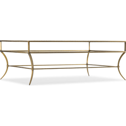 Laureng Cocktail Table by Hooker Furniture in gold. Made from hammered iron with tempered glass in a modern style.