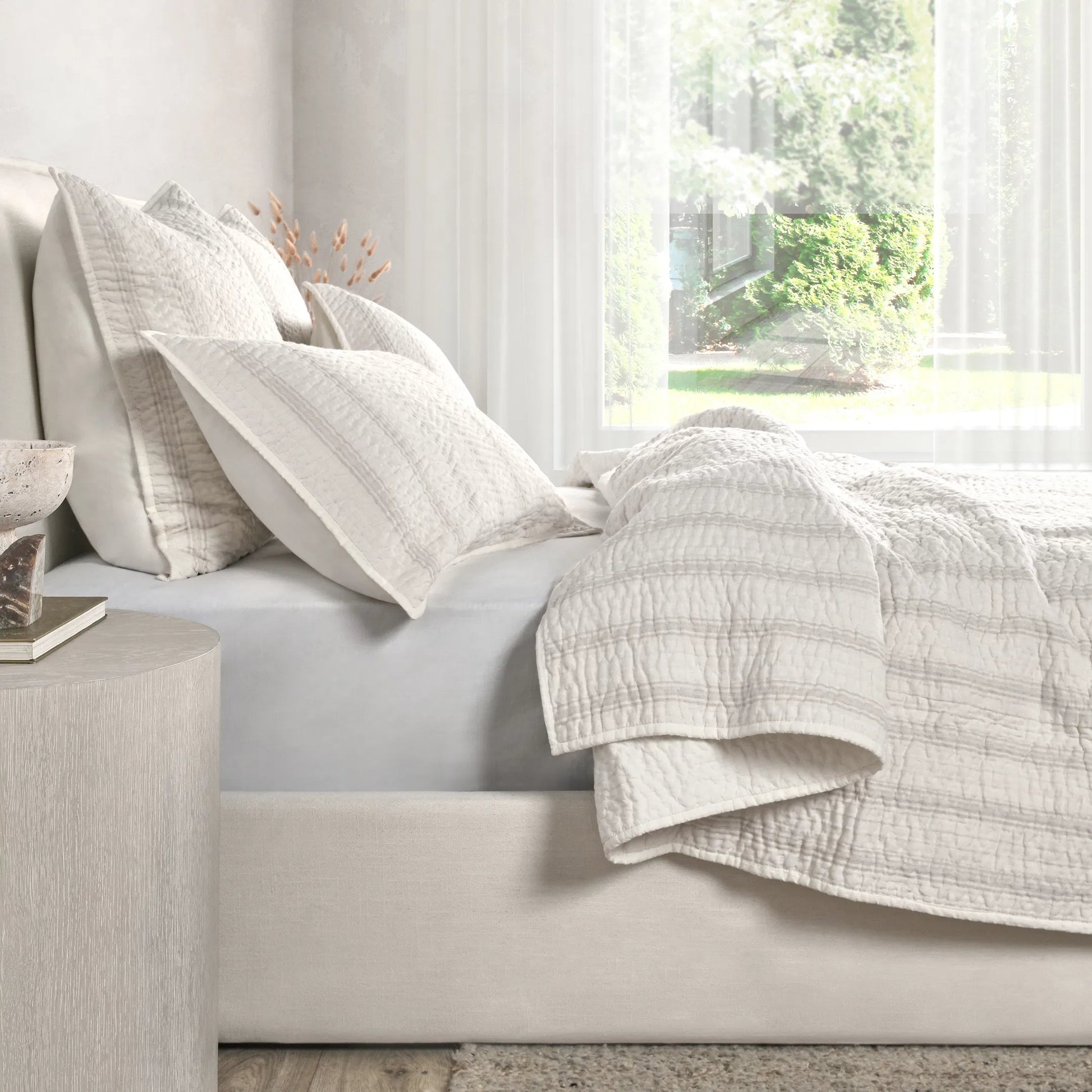 Abraham Cotton Linen Eggshell Beige Queen Quilt by Villa by Classic Home. Made from 50% linen/50% cotton, 100% cotton back fabric and fill in a transitional style.