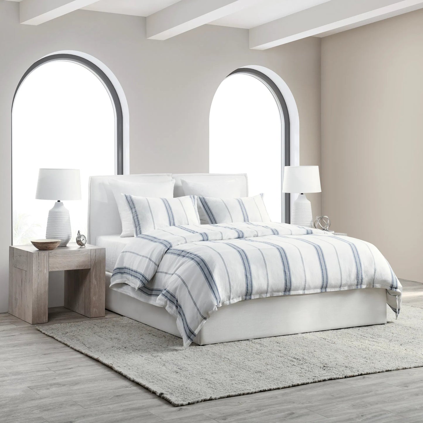 005 SI-2223165 | Lifestyle | Brooke Blue Stripe Linen Cashmere King Duvet Cover by Villa by Classic Home. Made from 70% linen/25% cotton/5% cashmere in a transitional style.