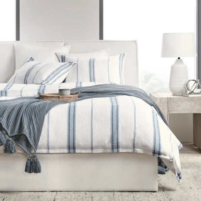 Brooke Blue Stripe Linen Cashmere Queen Duvet Cover by Villa by Classic Home. Made from 70% linen/25% cotton/5% cashmere in a transitional style.