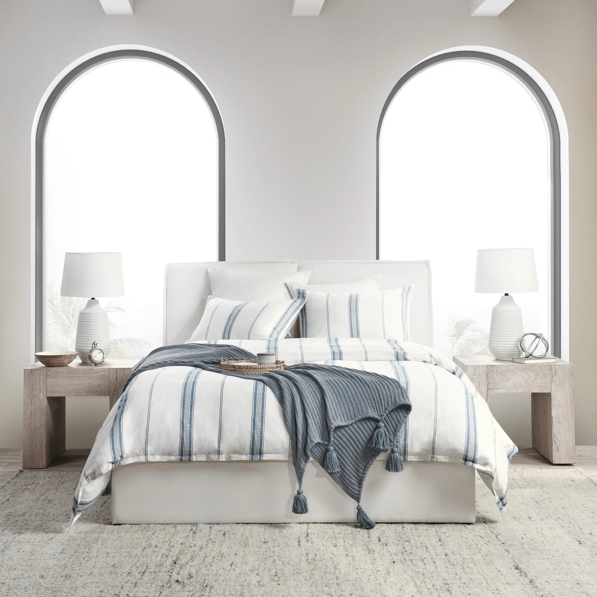 Brooke Blue Stripe Linen Cashmere Queen Duvet Cover by Villa by Classic Home. Made from 70% linen/25% cotton/5% cashmere in a transitional style.