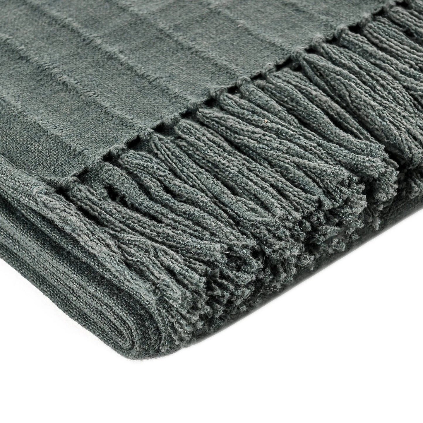 004 SI-2256351 | Closeup | Hunter Woven Fabric Forest Green Throw Blanket by Villa by Classic Home in green. Made from overdyed woven stripe design in a modern style.