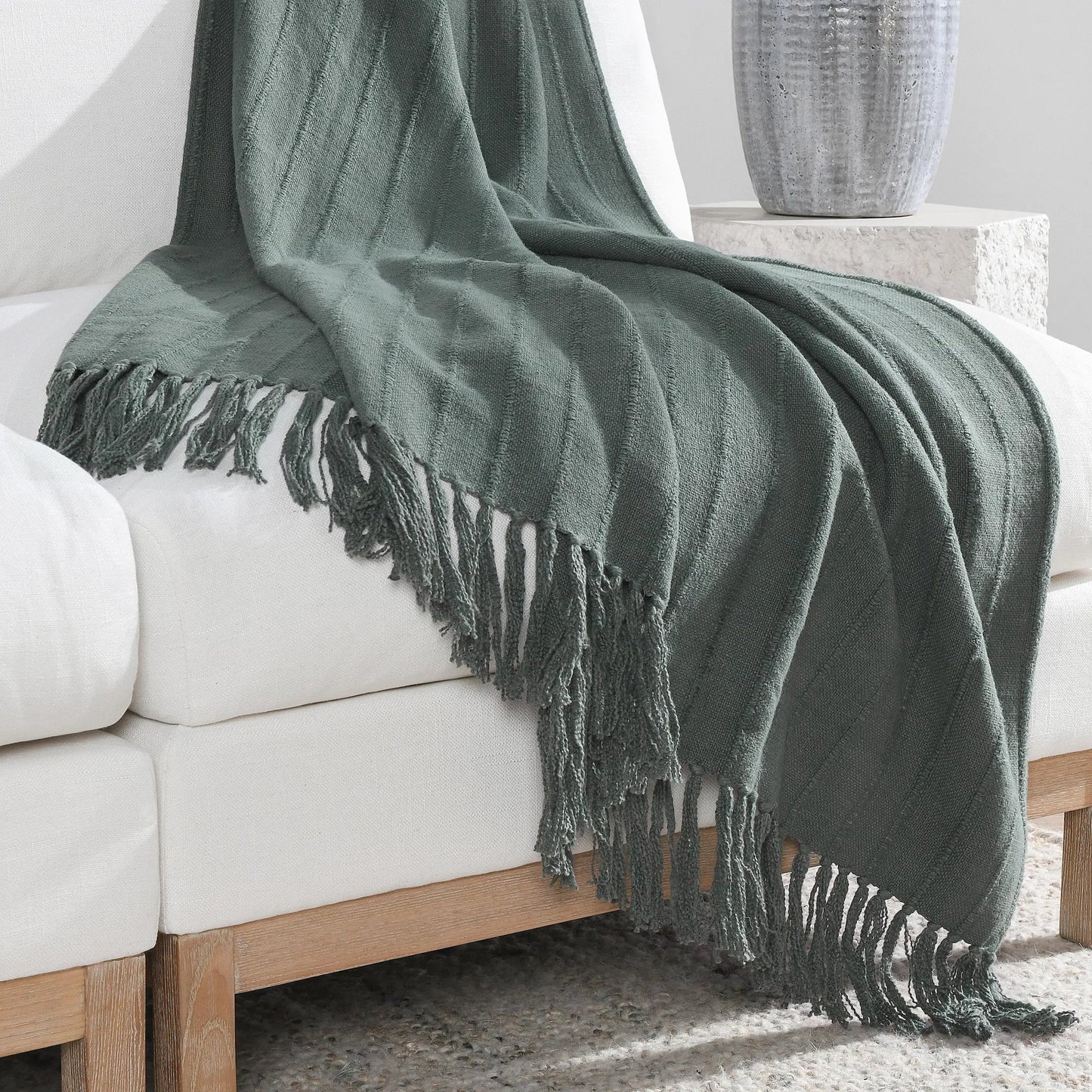 006 SI-2256351 | Lifestyle | Hunter Woven Fabric Forest Green Throw Blanket by Villa by Classic Home in green. Made from overdyed woven stripe design in a modern style.