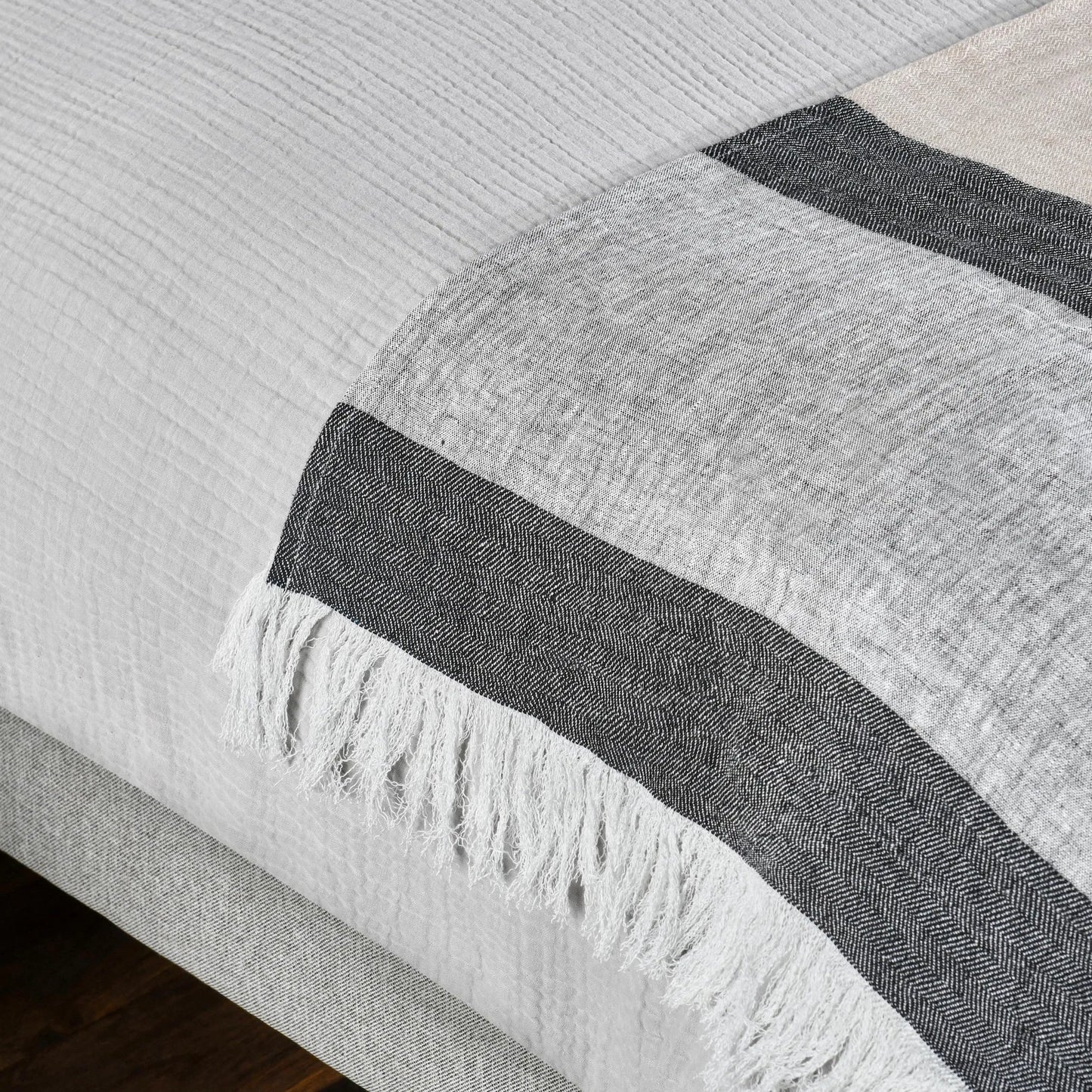 003 SI-2256374 | Closeup | TC Linen Cotton Blend Throw Blanket by Villa by Classic Home in gray. Made from 90% linen, 10% cotton in a transitional style.