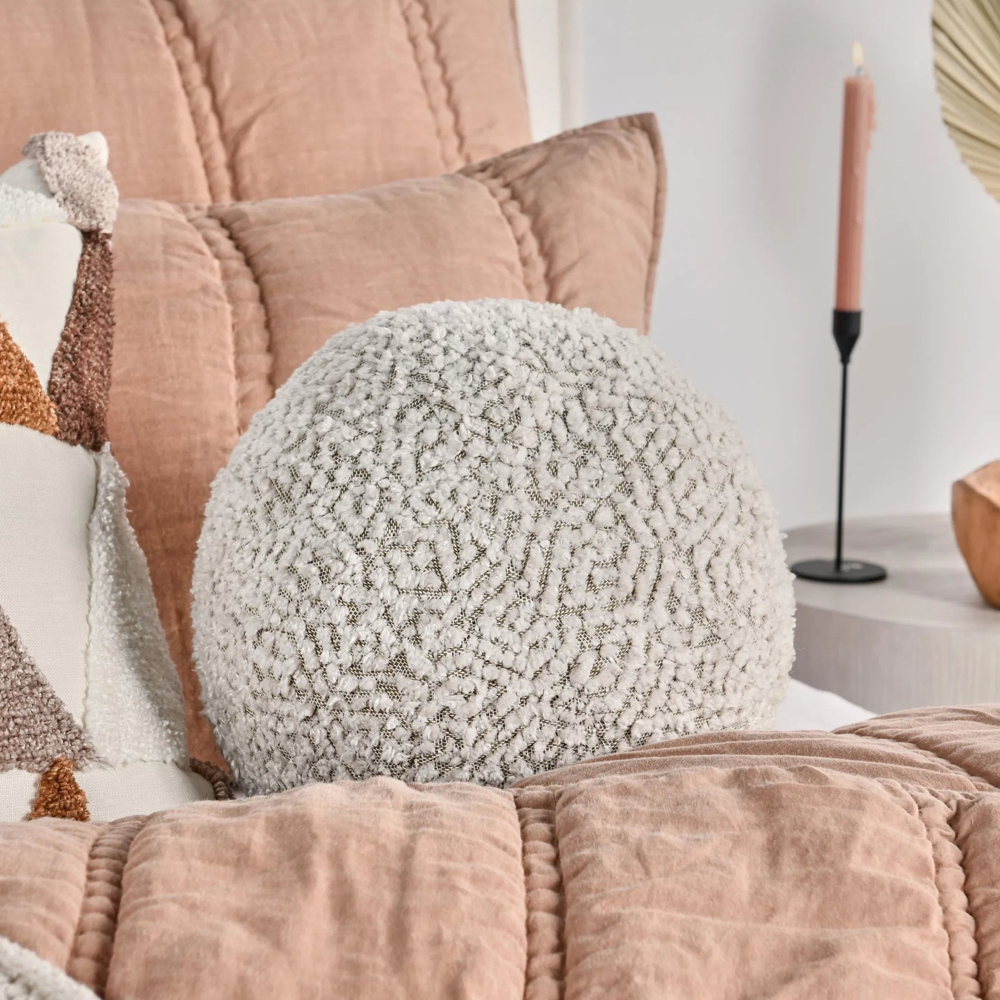 Maris Round Belgian Linen Throw Pillow by Villa by Classic Home in ivory. Made from 50% cotton, 50% linen in a transitional style.
