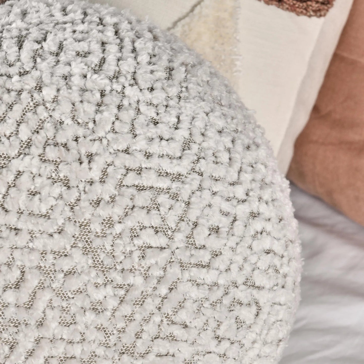 002 SI-2243783 | Closeup | Maris Round Belgian Linen Throw Pillow by Villa by Classic Home in ivory. Made from 50% cotton, 50% linen in a transitional style.