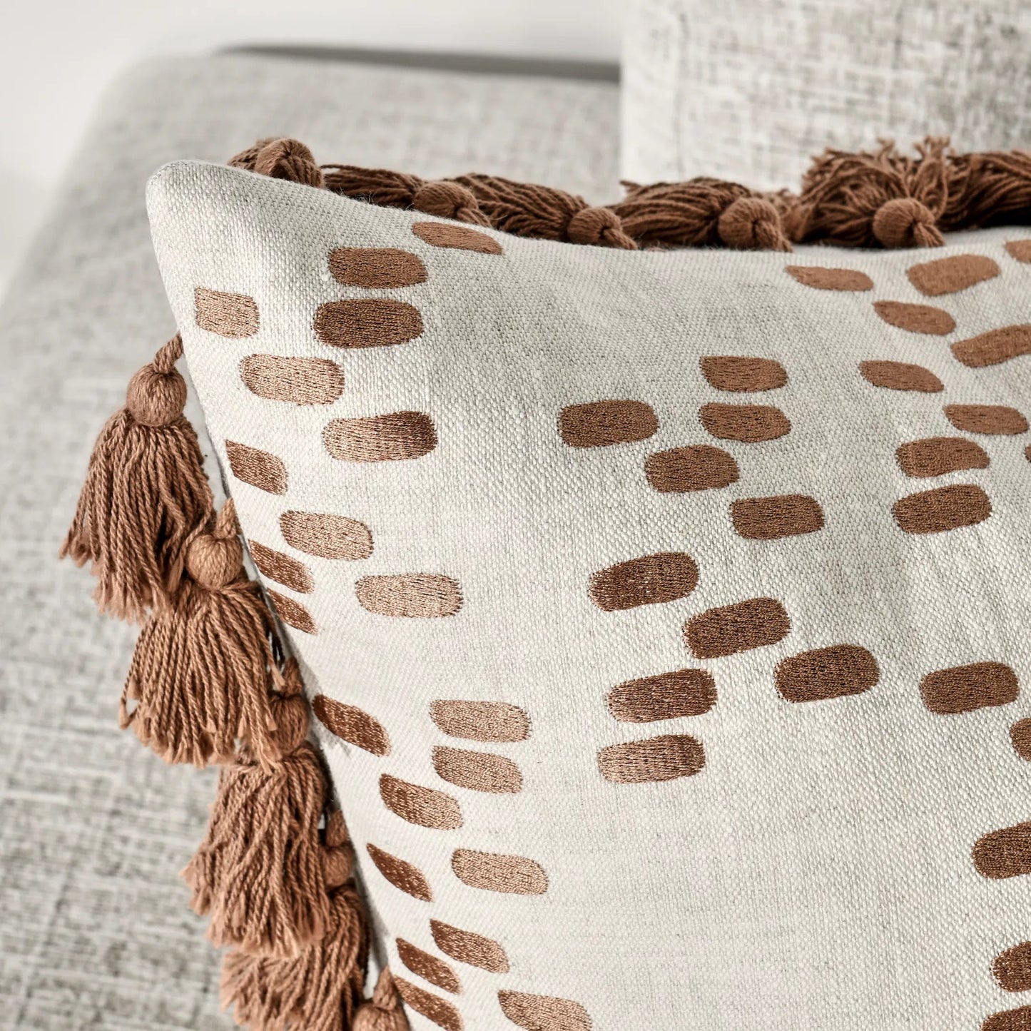 005 SI-2243797 | Closeup | Dane Belgian Linen Throw Pillow by Villa by Classic Home in penny brown. Made from 100% belgian flax linen in a eclectic & global style.
