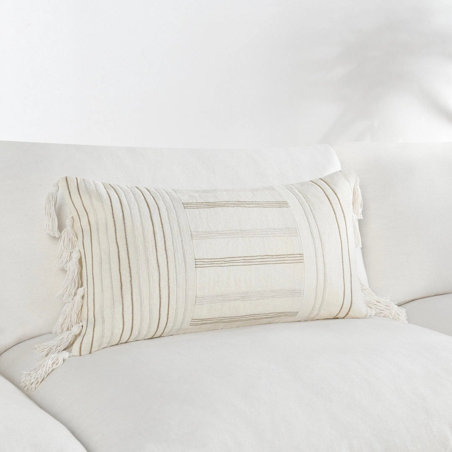 008 SI-2243806 | Lifestyle | Apana Linen Embroidered Throw Pillow by Villa by Classic Home in beige. Made from 100% linen in a modern style.