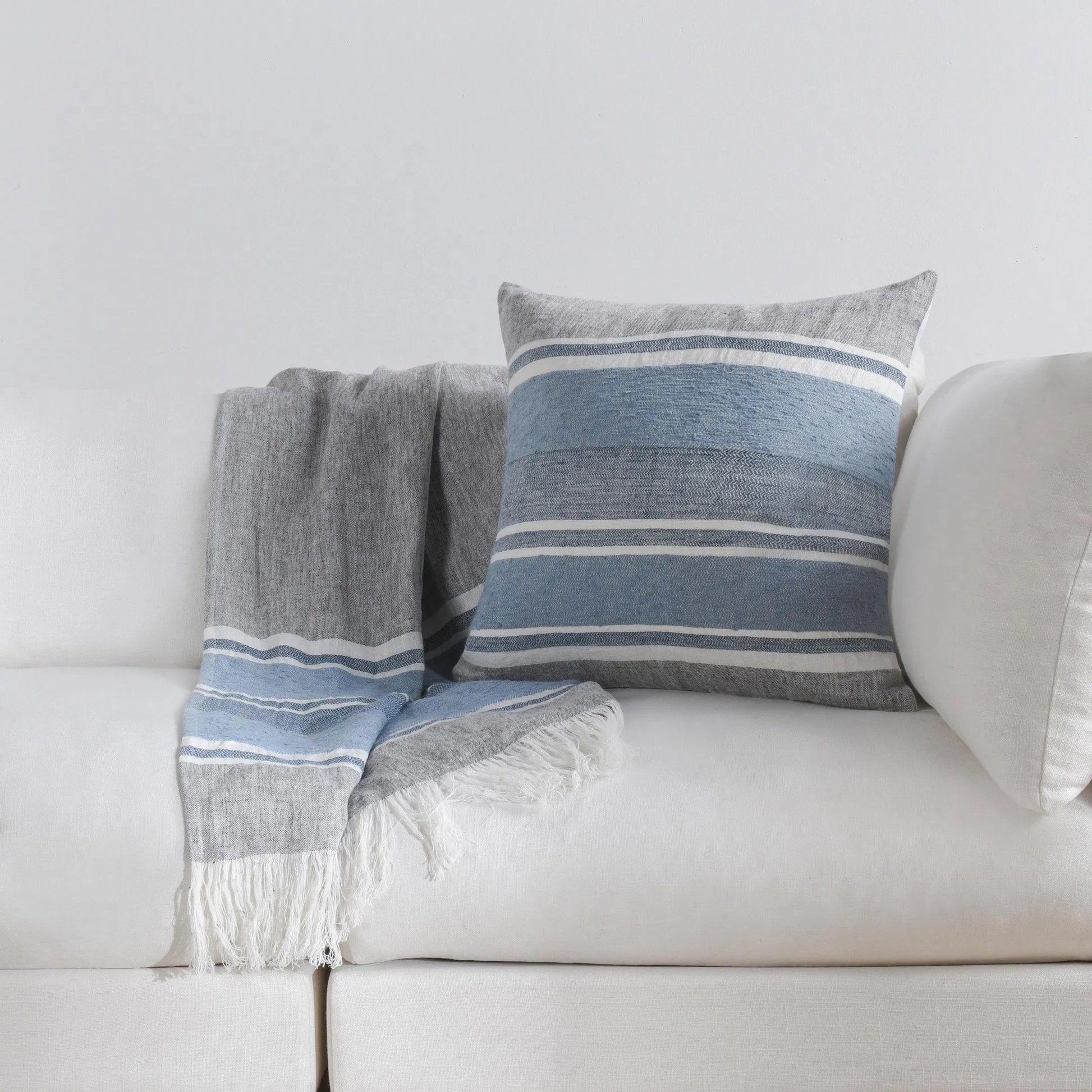 Lima Belgian Linen Throw Blanket by Villa by Classic Home in capri blue, dark gray. Made from 100% belgian flax linen in a transitional style.