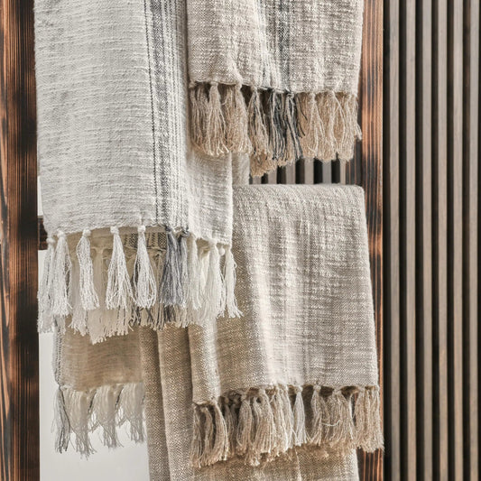 Ria Throw Blanket by Villa by Classic Home in ivory, gray. Made from 60% cotton/40% linen in a transitional style.
