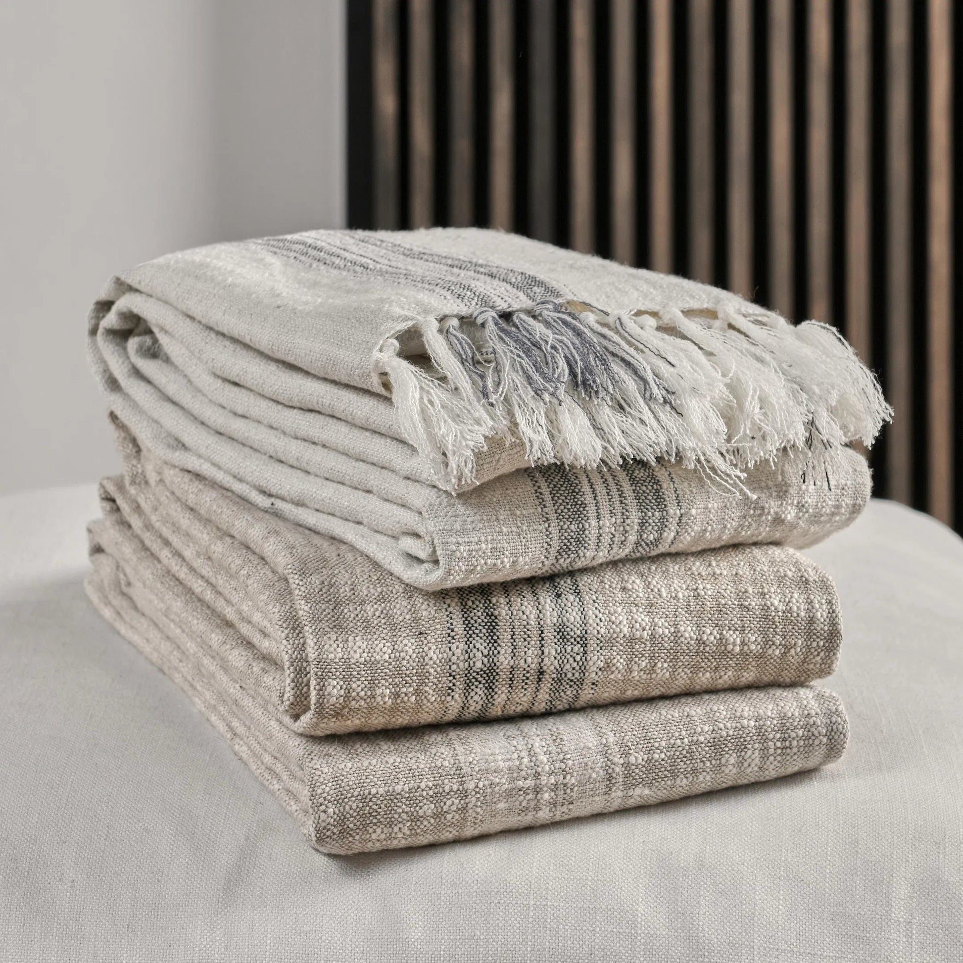 Ria Throw Blanket by Villa by Classic Home in ivory, gray. Made from 60% cotton/40% linen in a transitional style.
