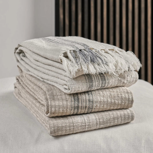 Ria Throw Blanket by Villa by Classic Home in ivory, gray. Made from 60% cotton/40% linen in a unique style.