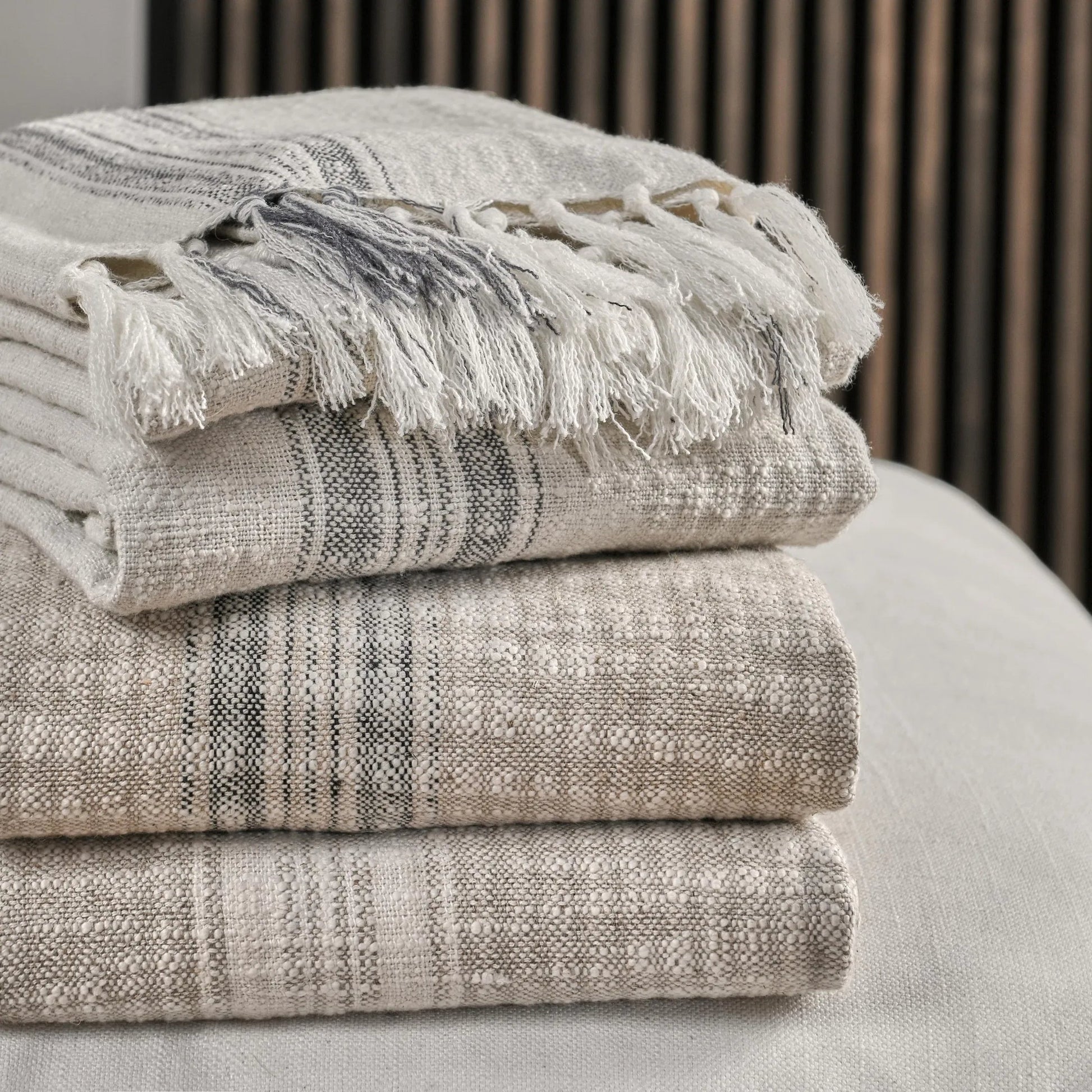 Ria Throw Blanket by Villa by Classic Home in ivory, gray. Made from 60% cotton/40% linen in a transitional style.