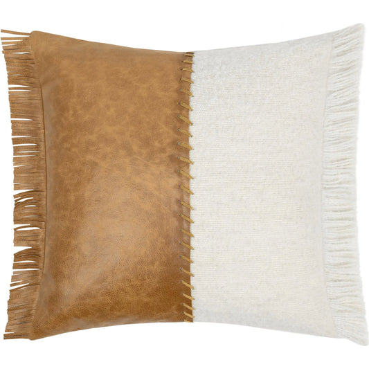 Haris Upholstered Fabric Pieced Design Throw Pillow by Villa by Classic Home in ivory. Made from 35% wool acrylic, 15% polyester, 50% leather in a unique style.