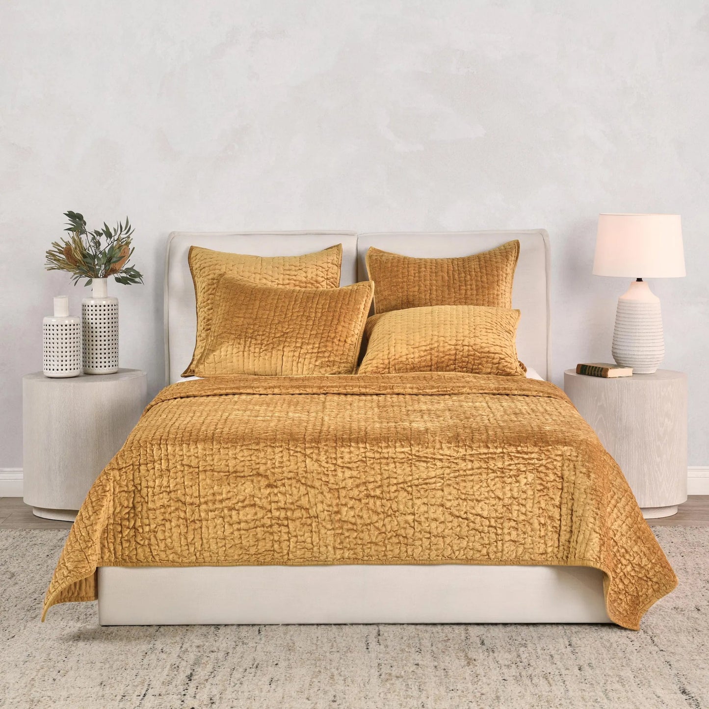 005 SI-2256400 | Lifestyle | Bari Velvet Honey Gold Quilt by Villa by Classic Home in gold. Made from front: 100% rayon velvet, back: 100% solid cotton back in a eclectic & global style.