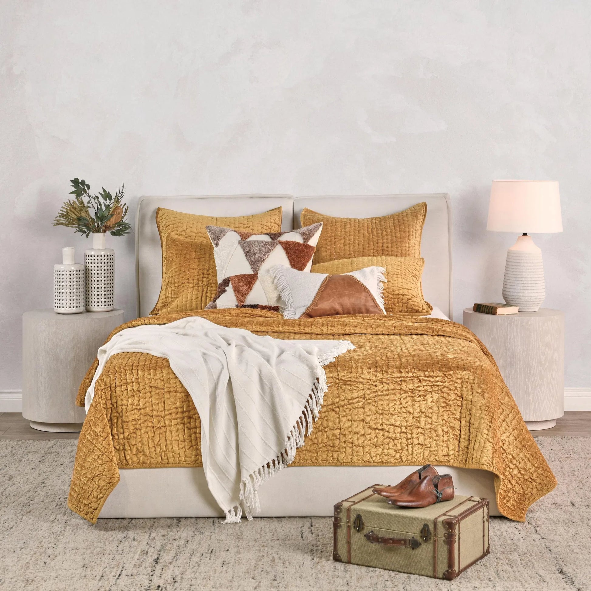 Bari Velvet Honey Gold Quilt by Villa by Classic Home in gold. Made from front: 100% rayon velvet, back: 100% solid cotton back in a eclectic & global style.