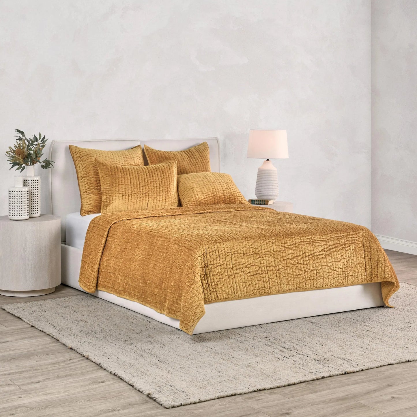 008 SI-2256400 | Lifestyle | Bari Velvet Honey Gold Quilt by Villa by Classic Home in gold. Made from front: 100% rayon velvet, back: 100% solid cotton back in a eclectic & global style.