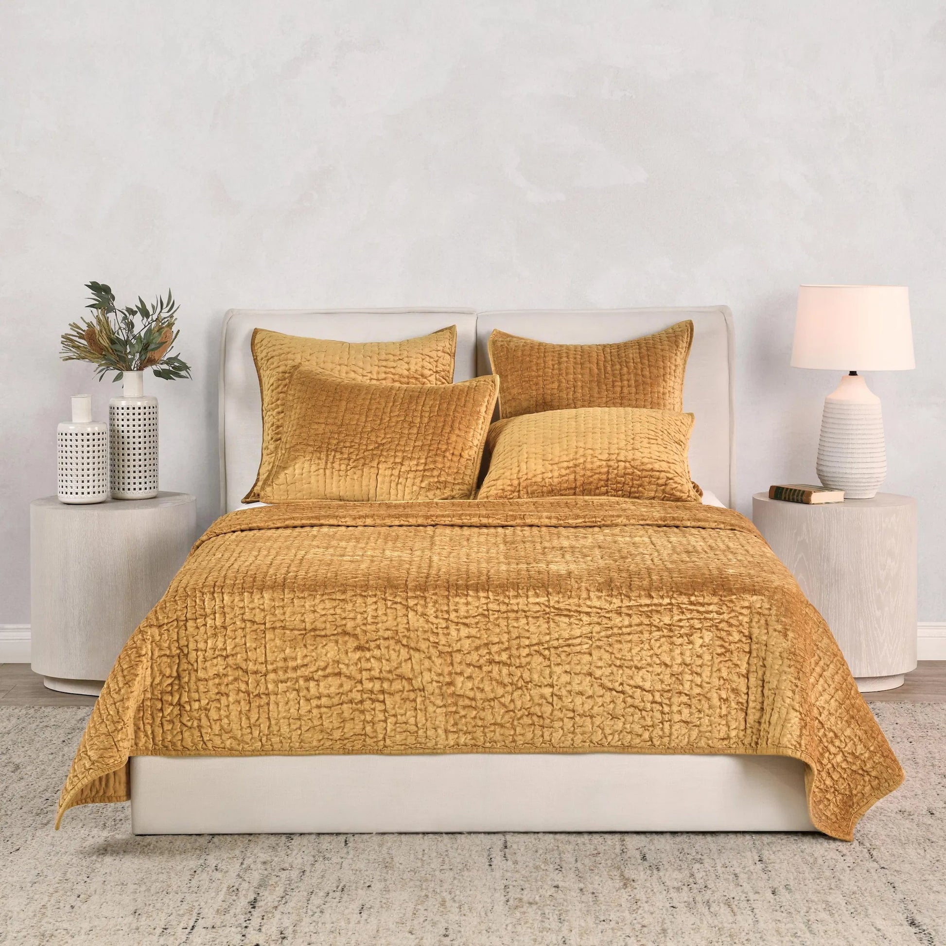 Bari Velvet Honey Gold Quilt by Villa by Classic Home in gold. Made from front: 100% rayon velvet, back: 100% solid cotton back in a eclectic & global style.
