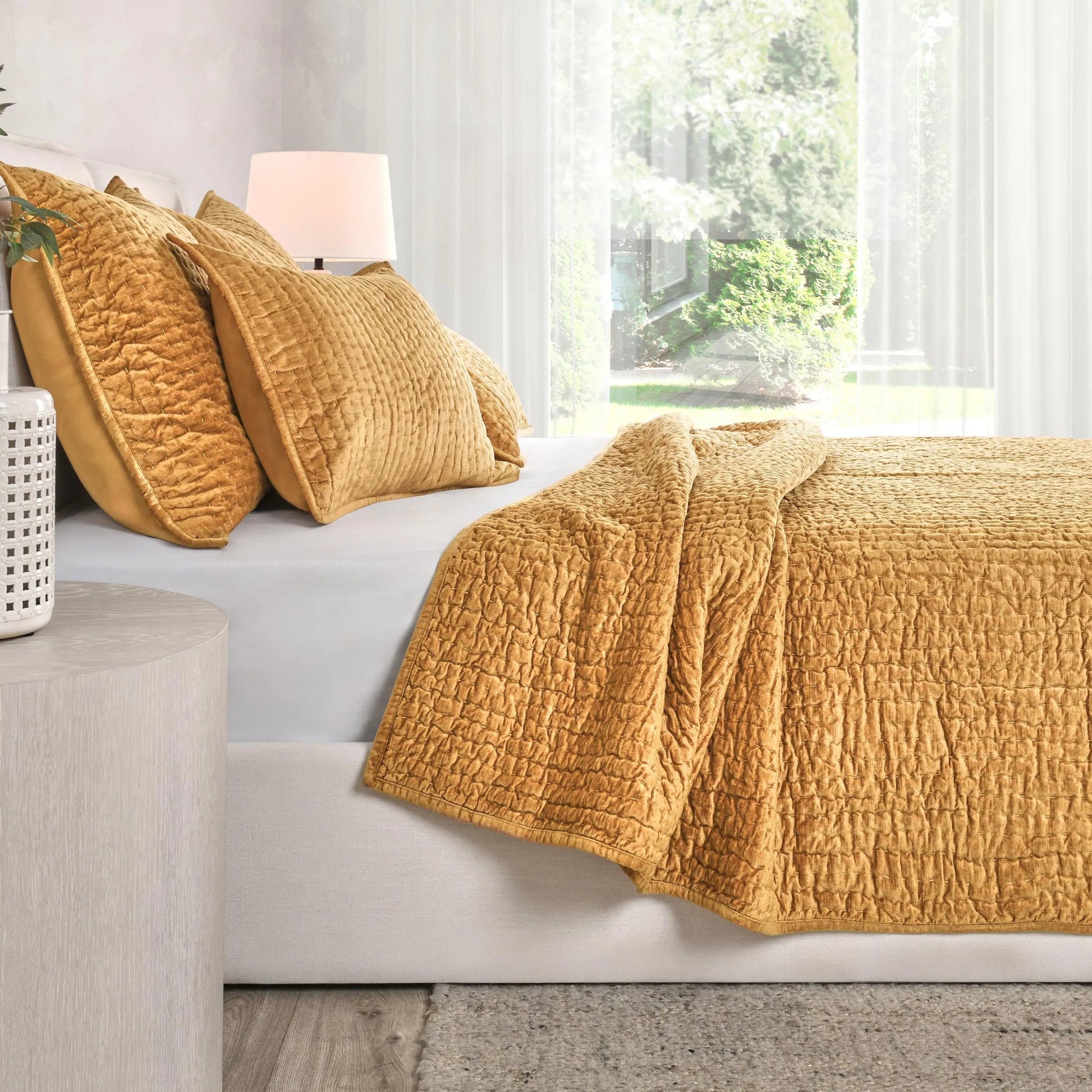 Bari Velvet Honey Gold Quilt by Villa by Classic Home in gold. Made from front: 100% rayon velvet, back: 100% solid cotton back in a eclectic & global style.
