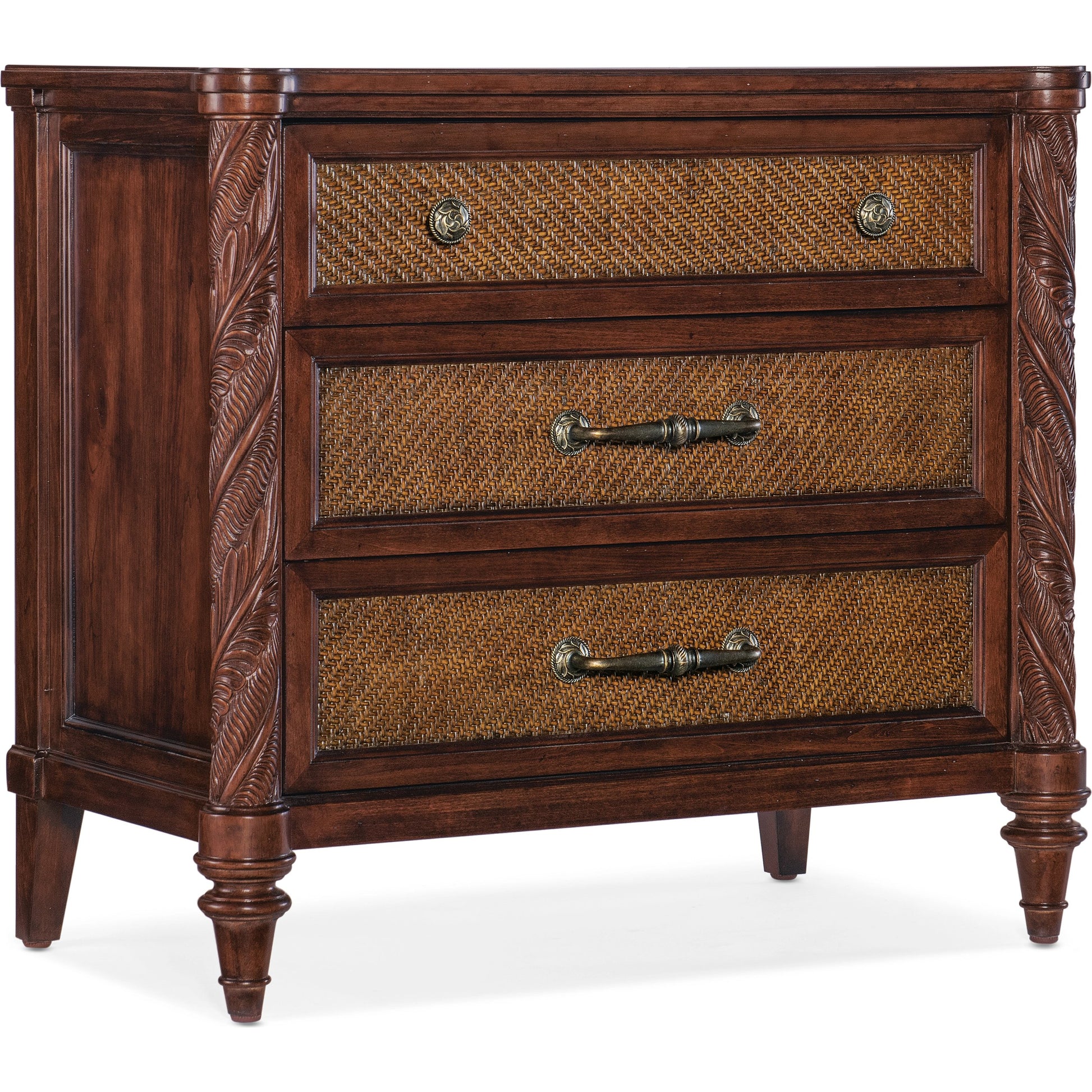 Charleston 36" Three-Drawer Nightstand by Hooker Furniture in maraschino cherry. Made from cherry, walnut veneers, walnut inlay, cane, solid-wood edge top in a traditional style.