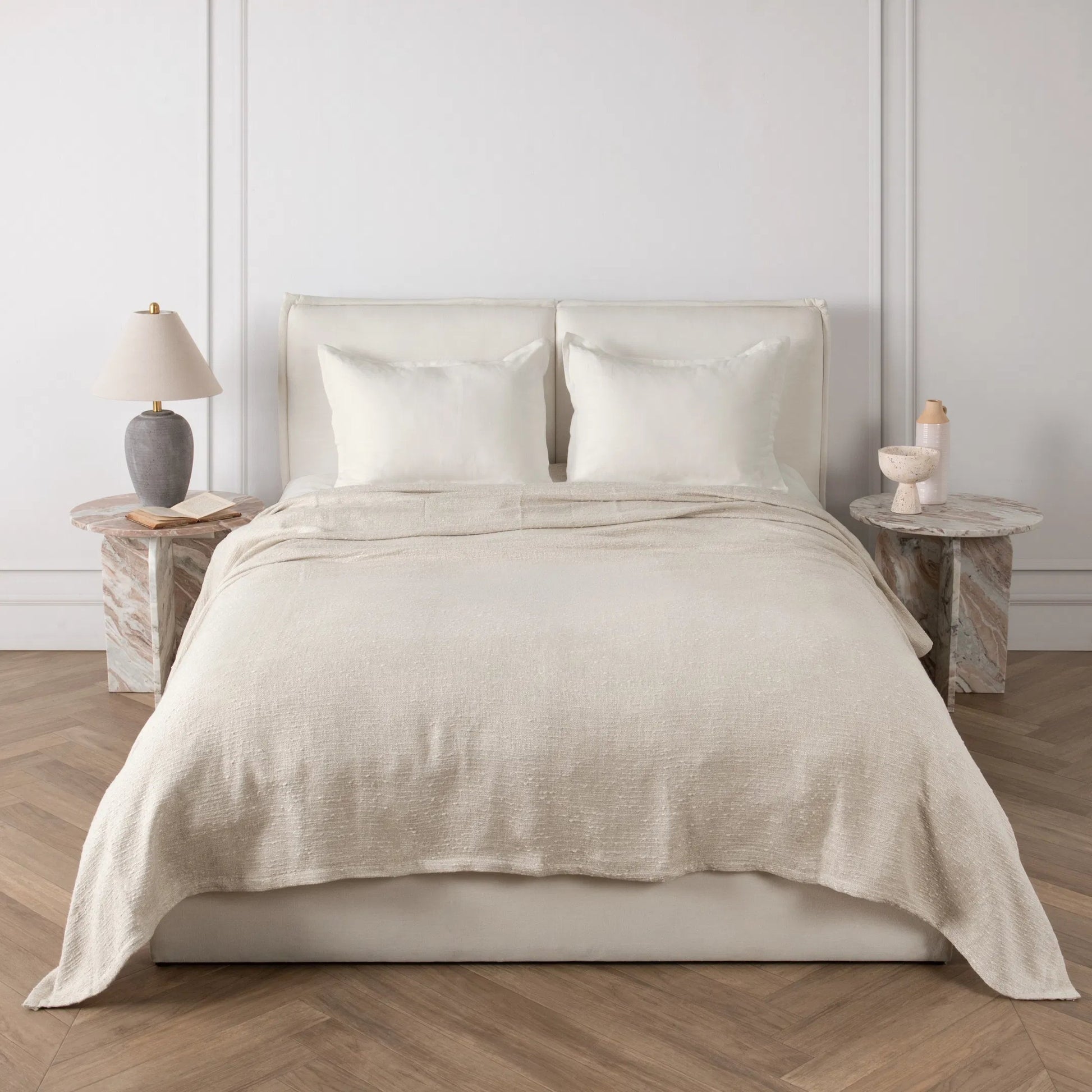 Anion Linen Blend Blanket by Villa by Classic Home in ivory. Made from 55% viscose, 18% linen, 18% cotton, 10% polyester in a unique style.