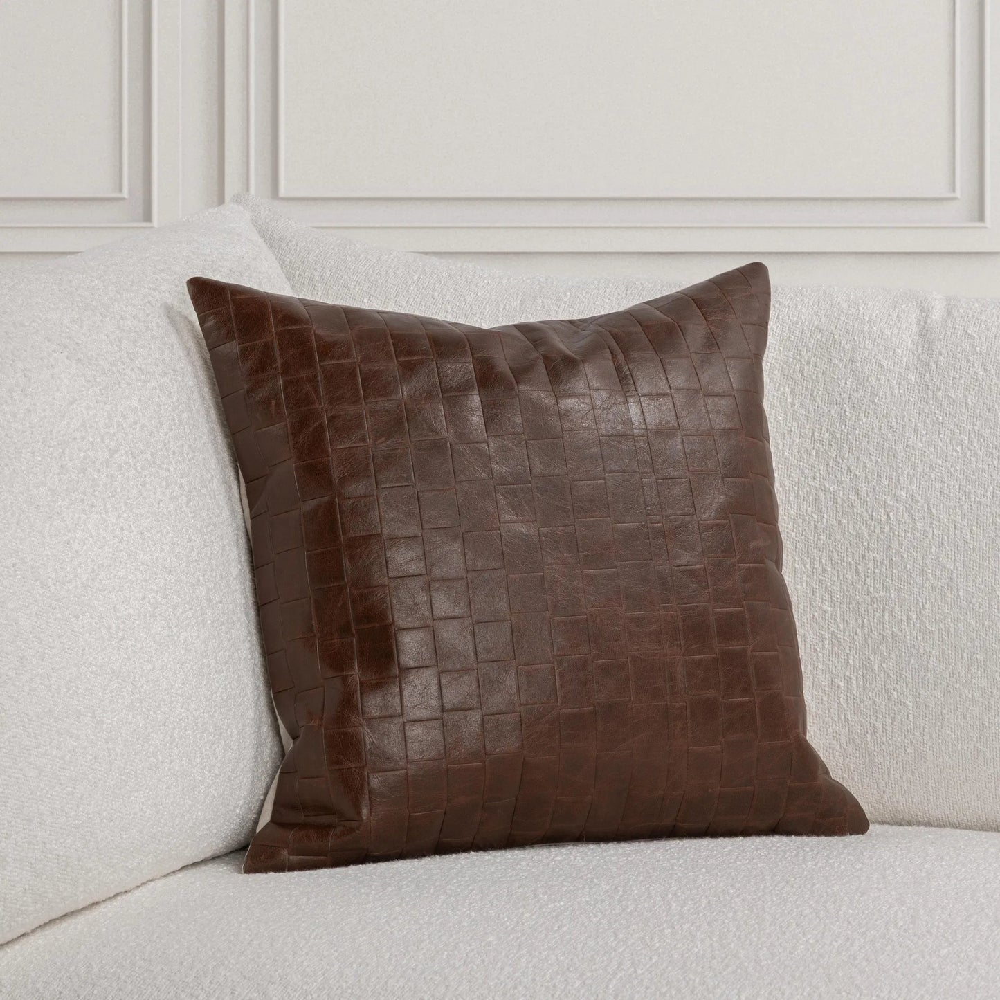 006 SI-2533461 | Lifestyle | Seston Genuine Leather Throw Pillow by Villa by Classic Home in brown. Made from 100% leather, 50% cotton, 50% linen solid back in a unique style.