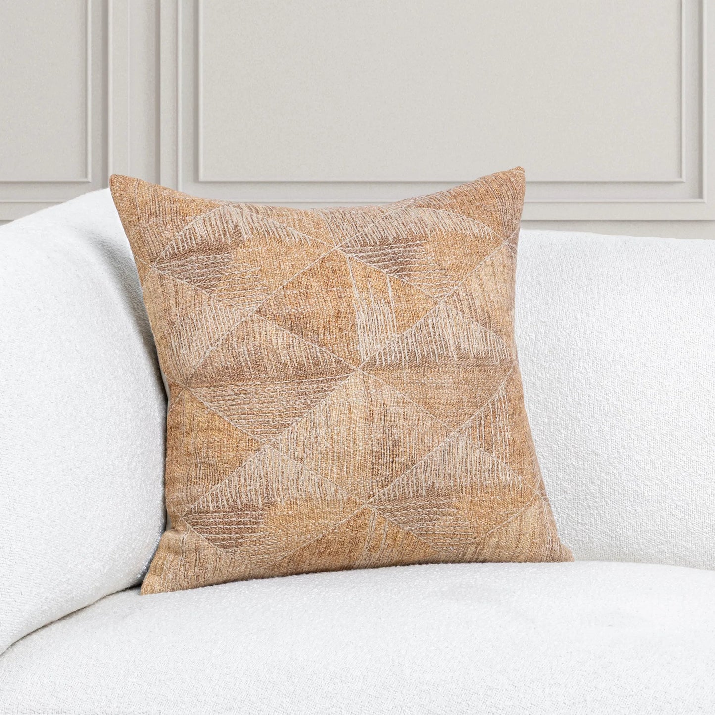 004 SI-2537959 | Lifestyle | Rev Cotton Blend Throw Pillow by Villa by Classic Home in caramel. Made from 50% cotton, 35% polyester, 15% linen, solid back in a unique style.
