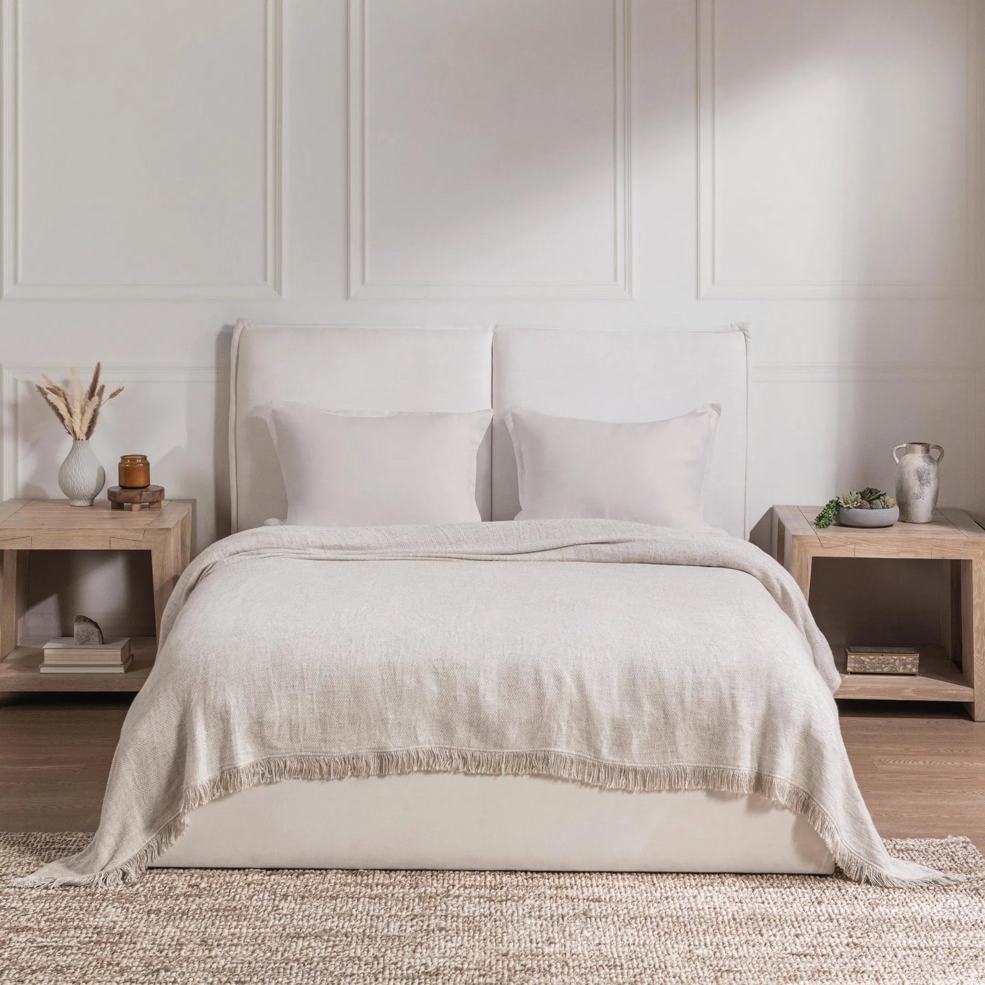 Avani Linen Blend Blanket by Villa by Classic Home in natural. Made from 80% viscose, 20% linen in a unique style.