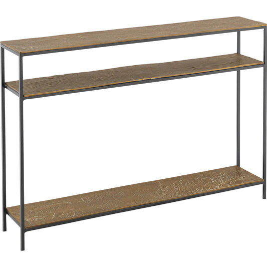 Lathi Console Table by Currey and Company in antique brass, black. Made from cast aluminum, iron in a unique style.