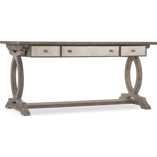 Rustic Glam Trestle Desk by Hooker Furniture in soft white oak. Made from quartered white oak veneers, glass in a cottage & farmhouse style.