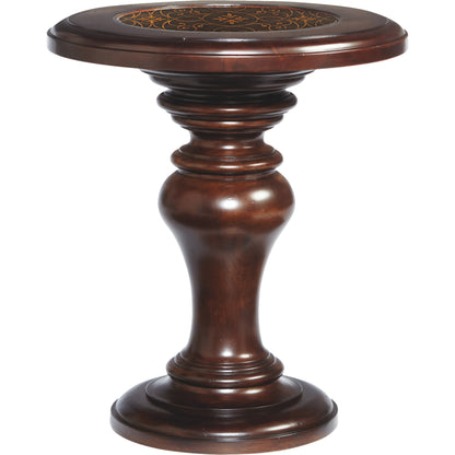 Valencia Round Chairside Table by Bernhardt in dark brown. Made from cherry veneers, metal in a unique style.