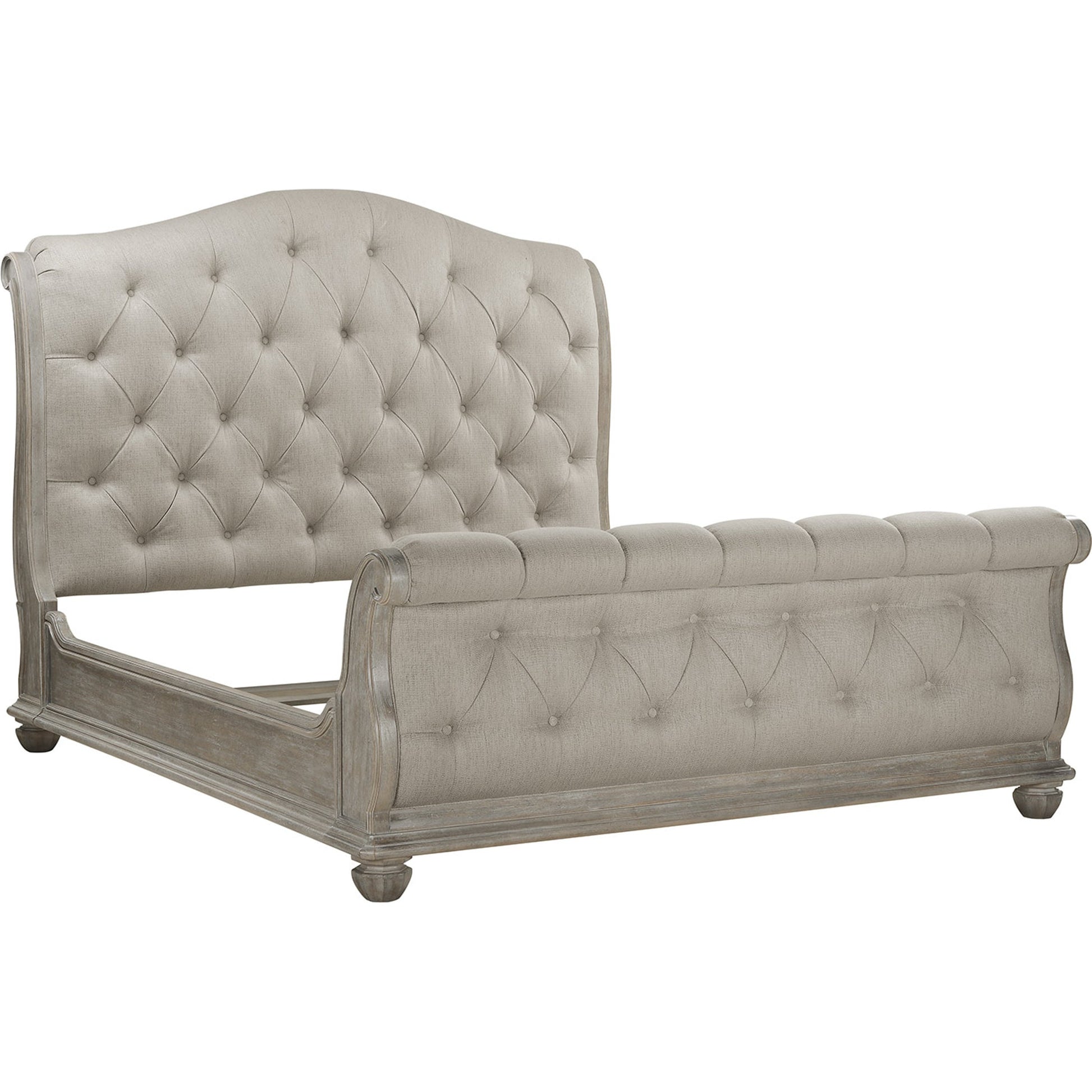 Summer Creek Shoals Tufted Sleigh Bed by A.R.T. Furniture in gray and scrubbed oak. Made from flakey cathedral oak veneer, parawood solids in a traditional style.
