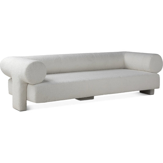 Augustine 81" Sofa by World Interiors in off-white and natural. Made from boucle fabric in a unique style.